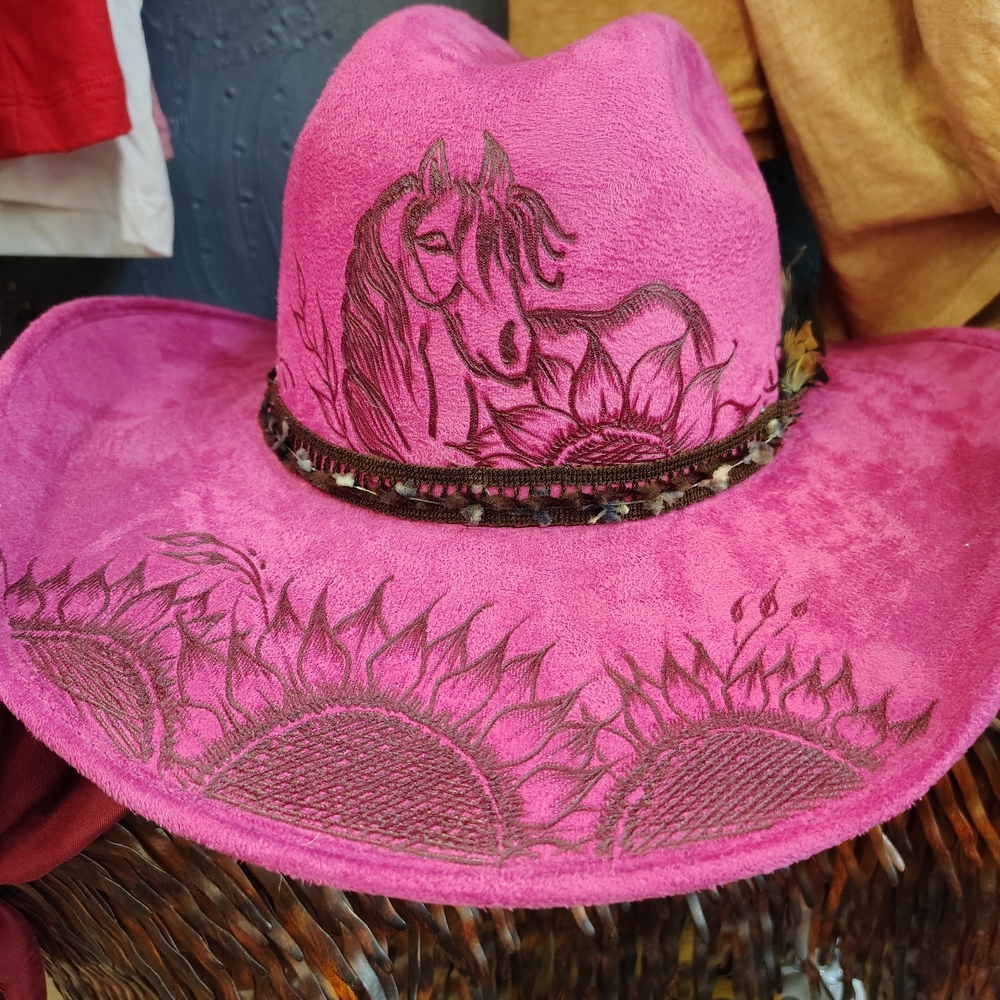 Vibrant Pink Western Hat with Embroidered Floral Design